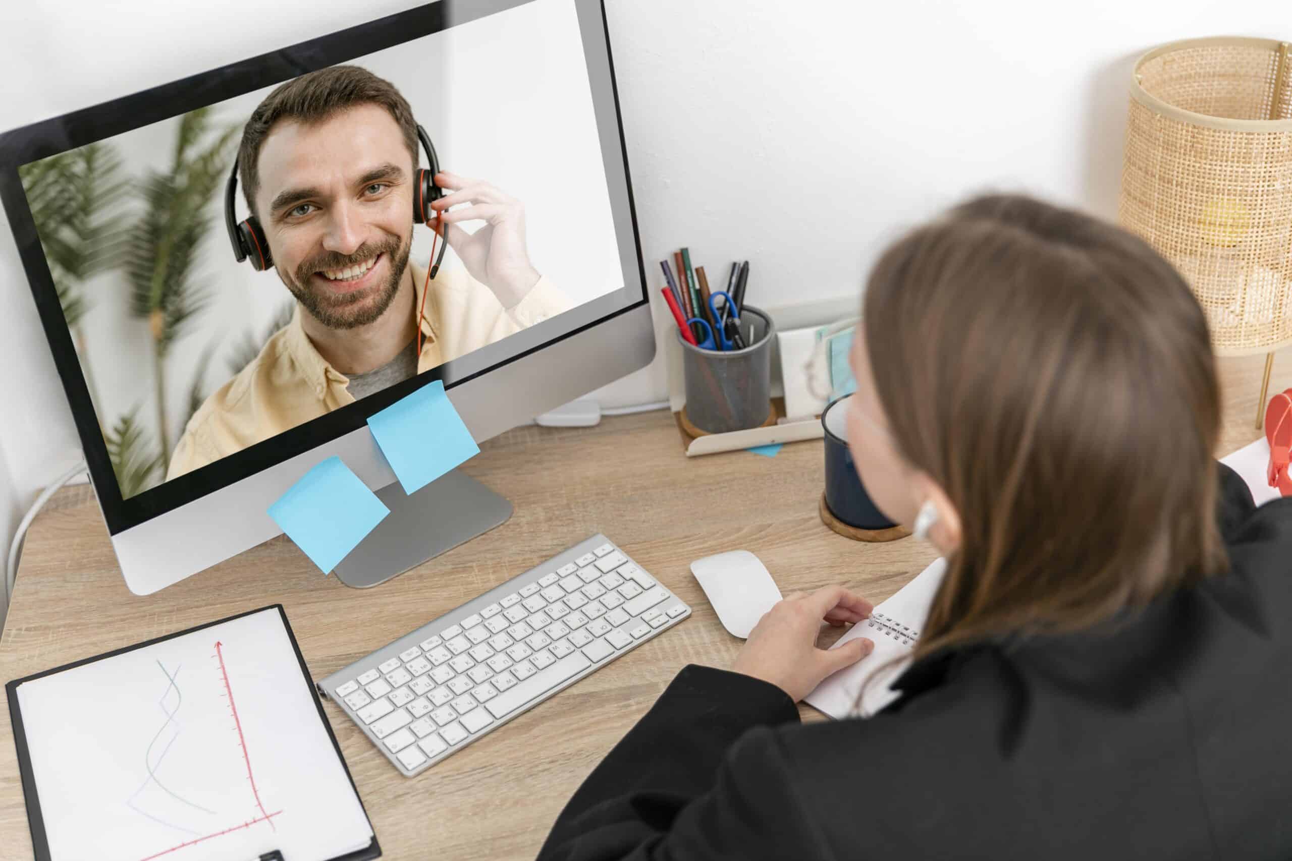 A woman is seated at a desk, participating in a video call on a desktop computer. The screen shows a smiling man wearing a headset, engaging in the conversation. The desk is organized with office supplies, a keyboard, sticky notes, and a graph on a tablet, suggesting a professional or educational virtual meeting.